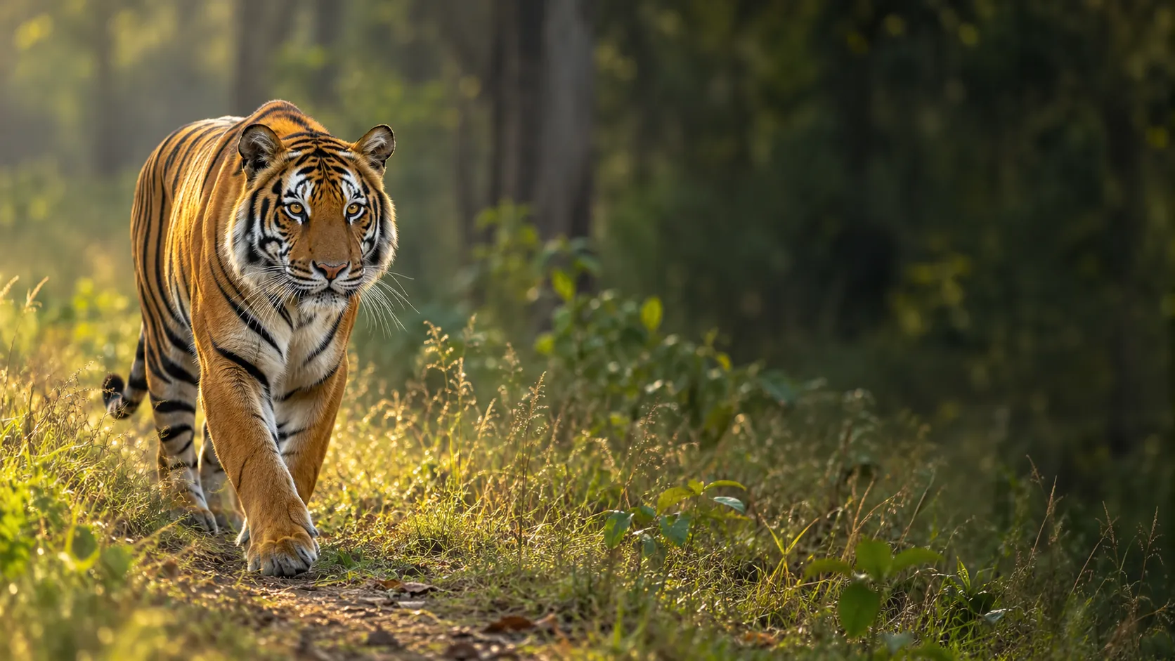 Tiger walking on a forest trail in morning light, Kanha National Park
