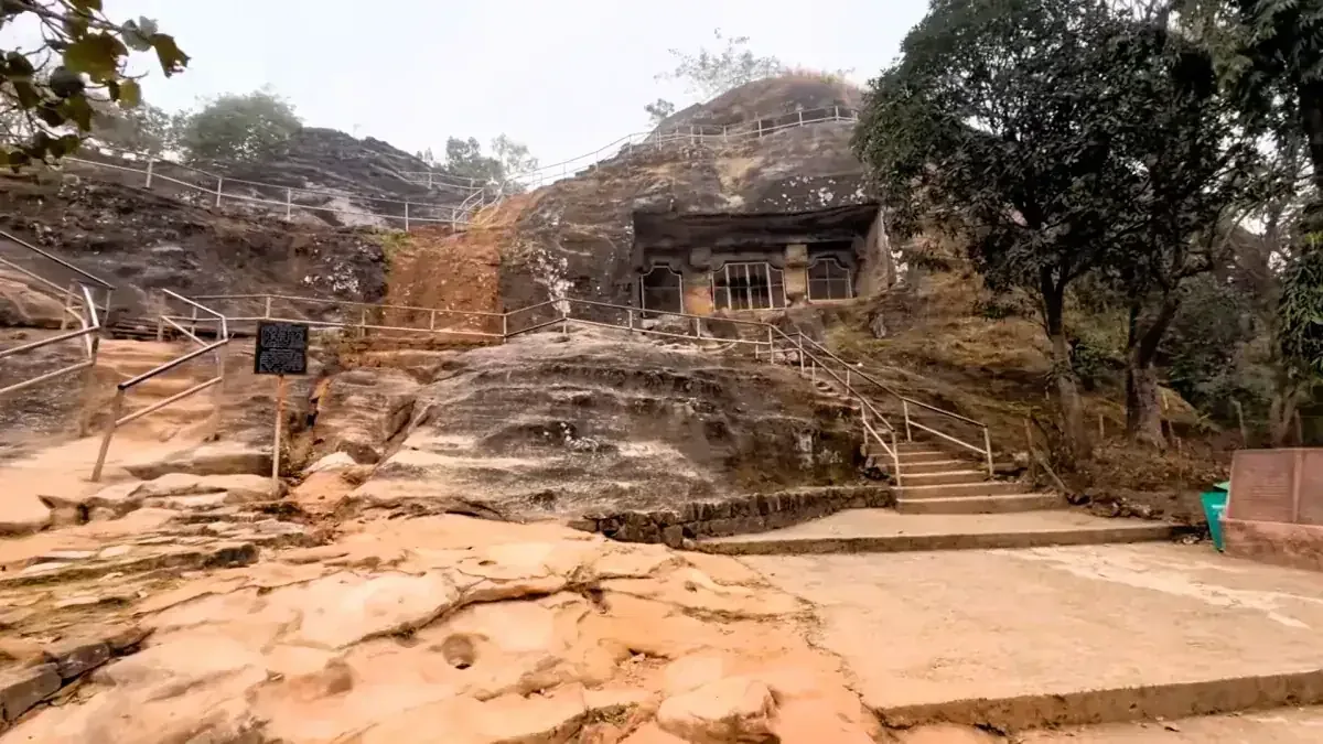 Pandav Caves cut into a sandstone hill in Pachmarhi
