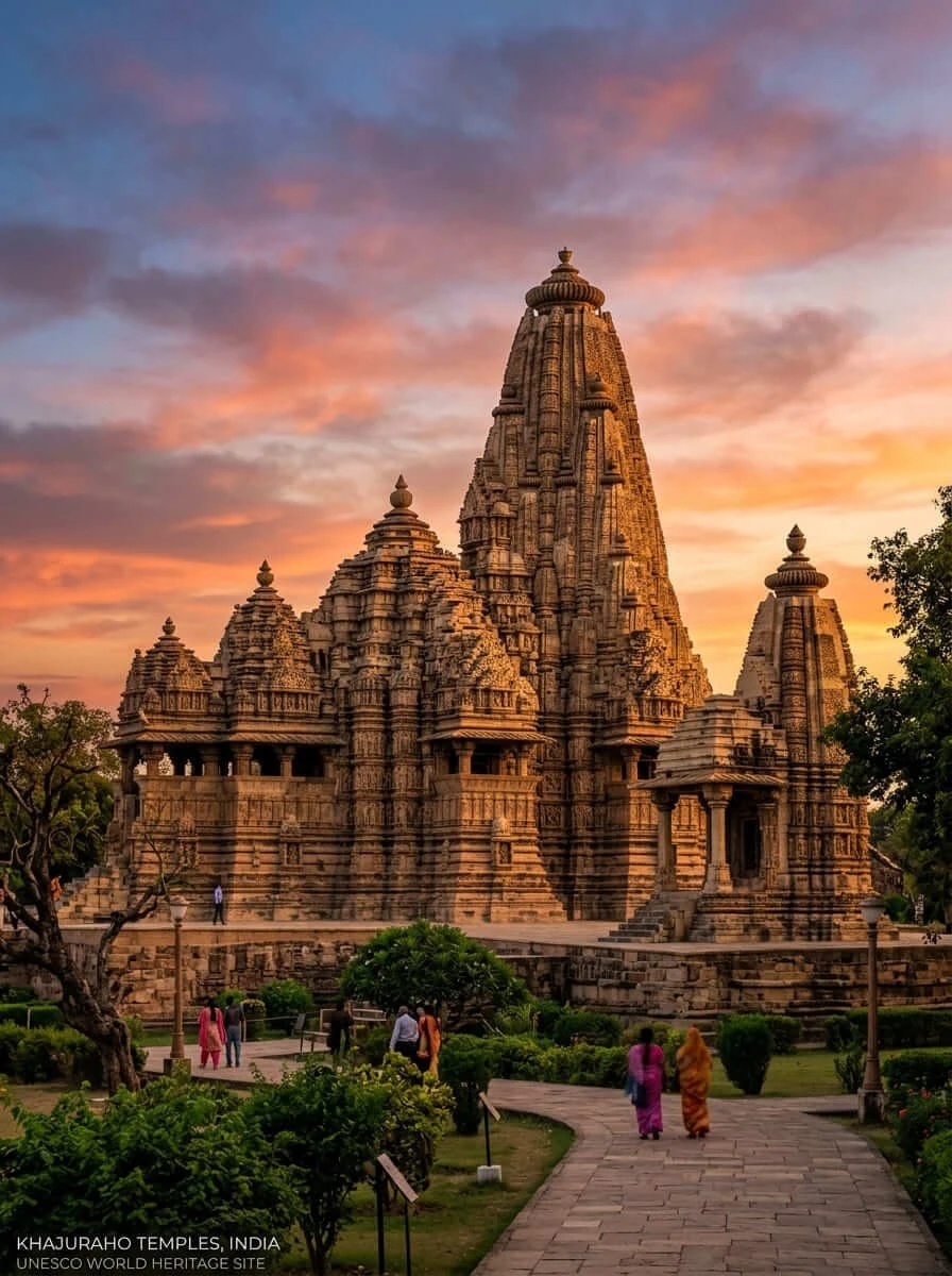 Khajuraho destination visual with sandstone temple towers under a glowing sunset sky