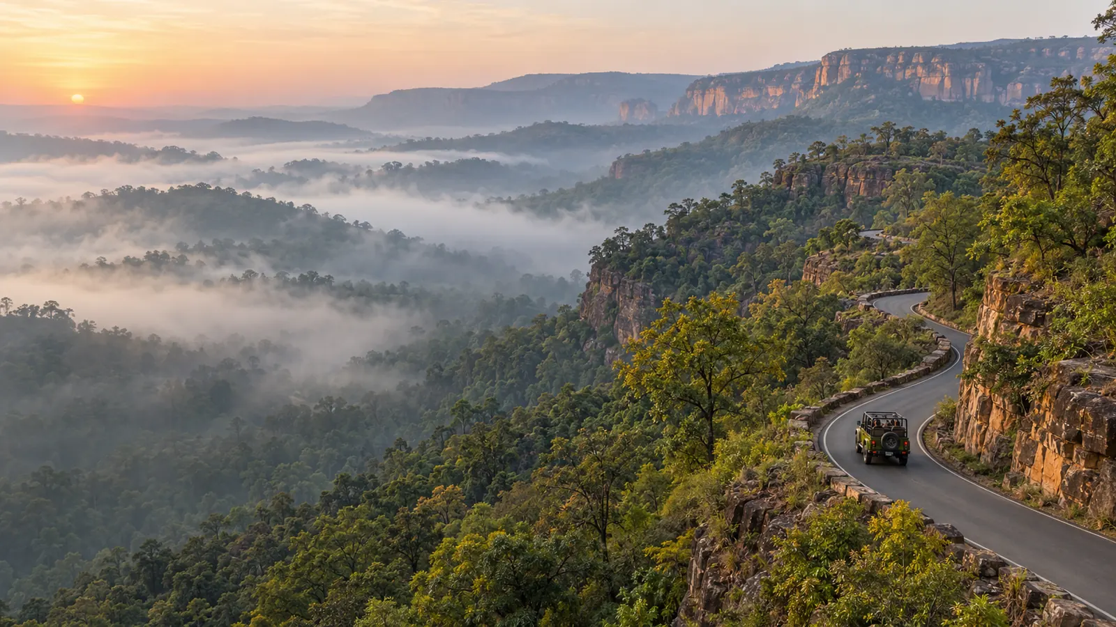 Open safari gypsy on the winding ghat road into Pachmarhi at sunrise, with misty Satpura forest and sandstone cliffs