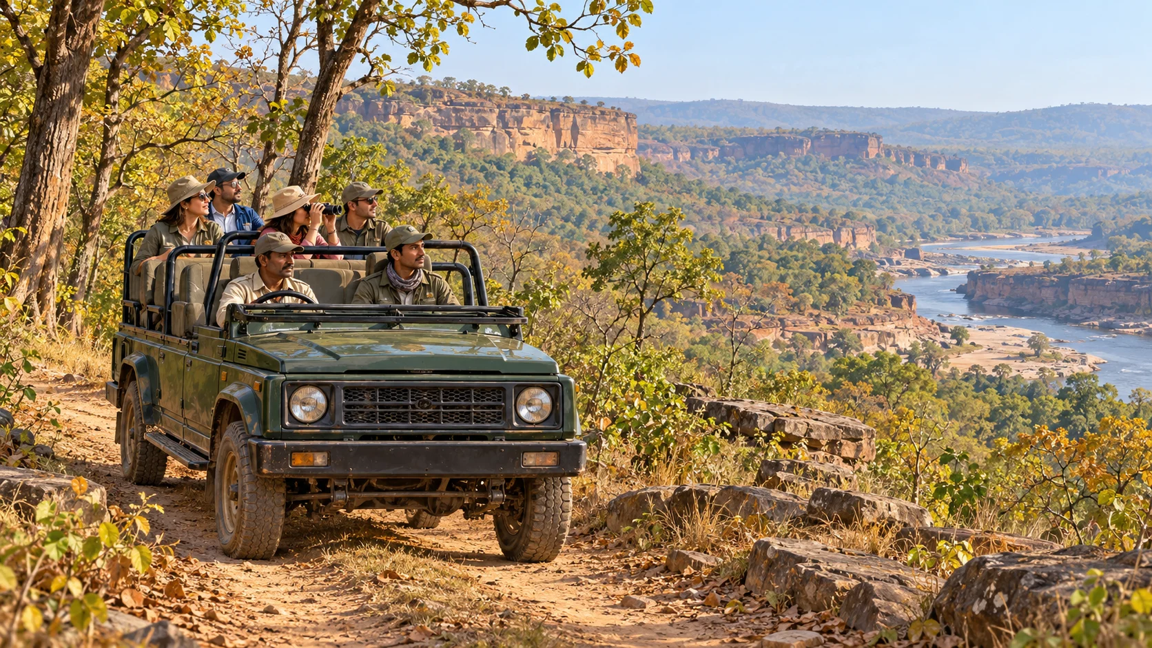 Panna-inspired artwork of a safari Gypsy above a rocky river landscape